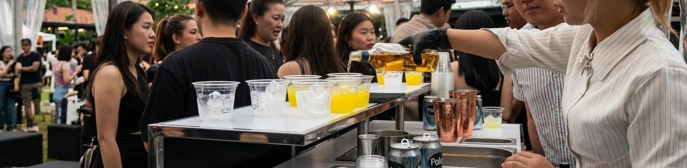 A bartender pouring drinks at the ALTRS Pocket Bar for a long line of guests under a tent